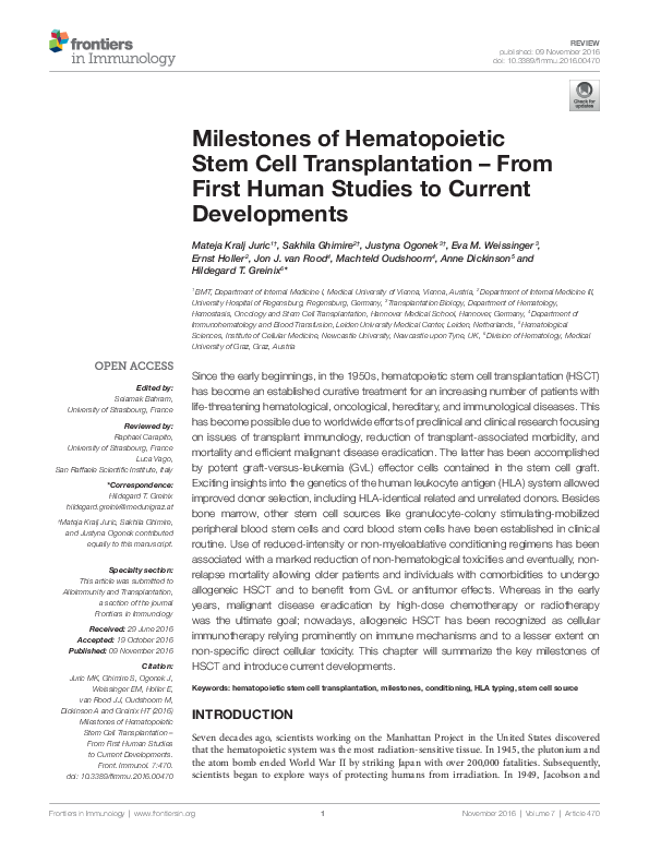 (PDF) Milestones of Hematopoietic Stem Cell Transplantation - From ...