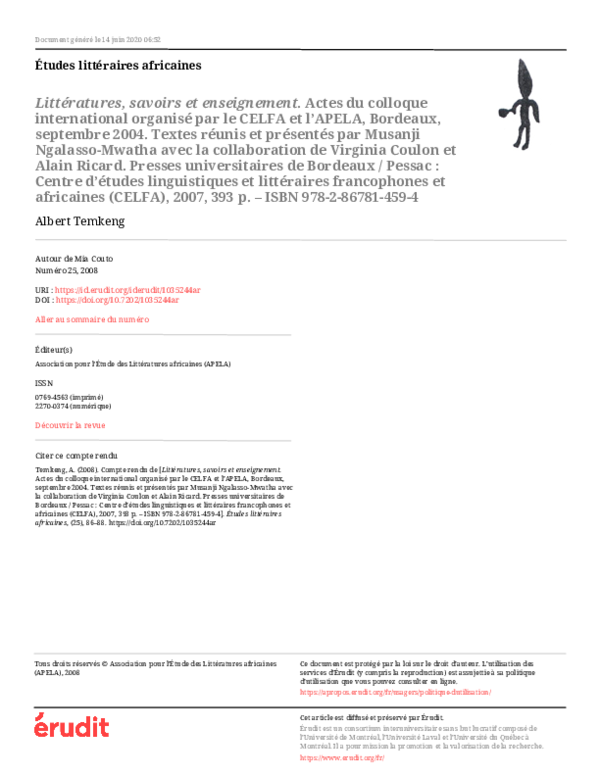 PDF) Littratures, savoirs et enseignement. Actes du colloque international  organis par le CELFA et l'APELA, Bordeaux, septembre 2004. Textes runis  et prsents par Musanji Ngalasso-Mwatha avec la collaboration de Virginia  Coulon et
