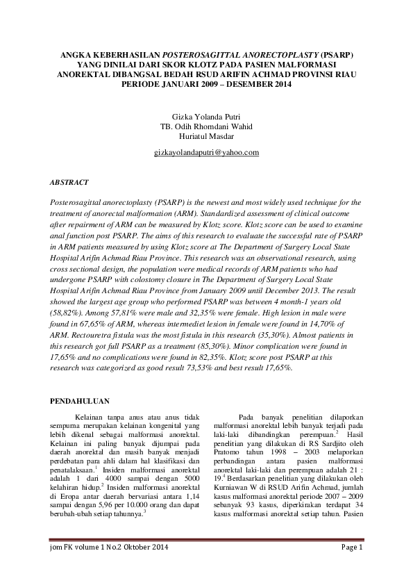(PDF) Angka Keberhasilan Posterosagittal Anorectoplasty (Psarp) Yang ...