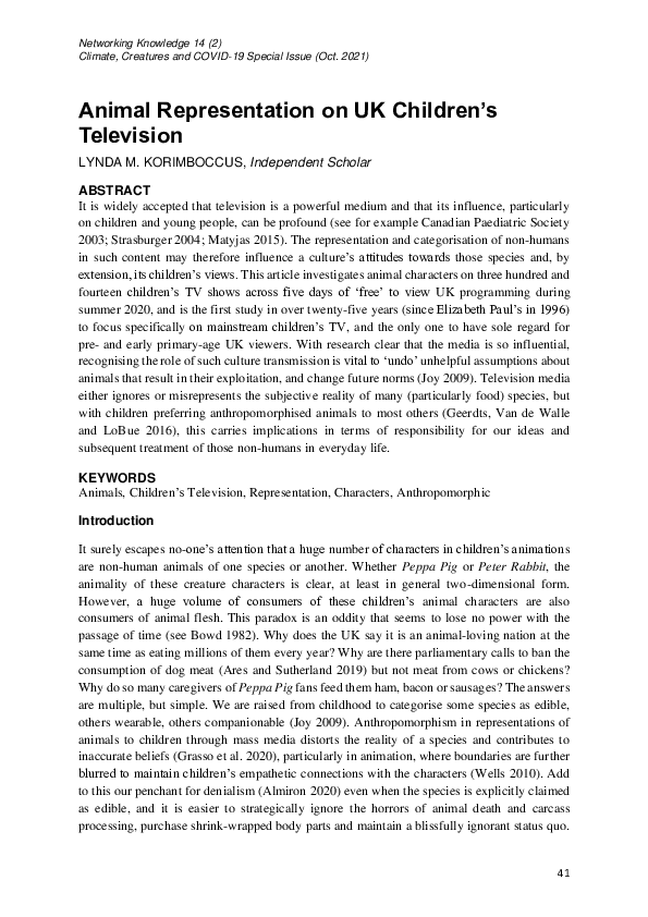 (PDF) Animal Representation on UK Children's Television Lynda M