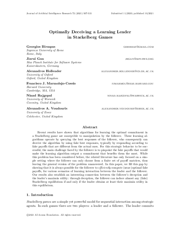 (PDF) Optimally Deceiving a Learning Leader in Stackelberg Games