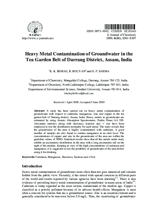 (PDF) Heavy Metal Contamination of Groundwater in the Tea Garden Belt ...