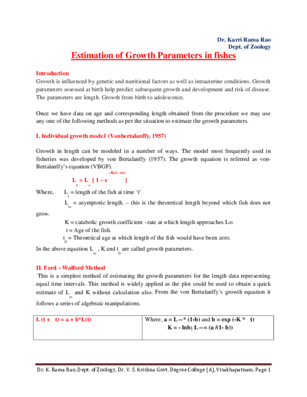 (PDF) Estimation of Growth Parameters in fishes