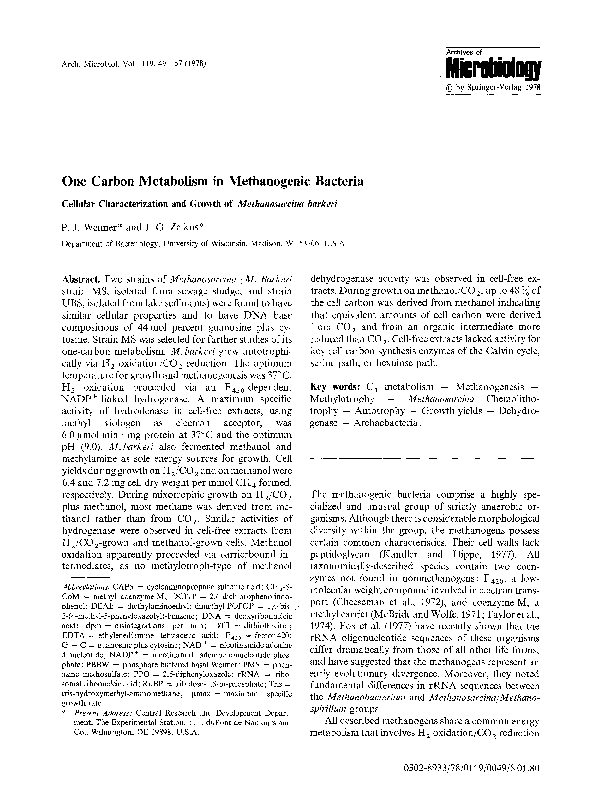 (PDF) One carbon metabolism in methanogenic bacteria
