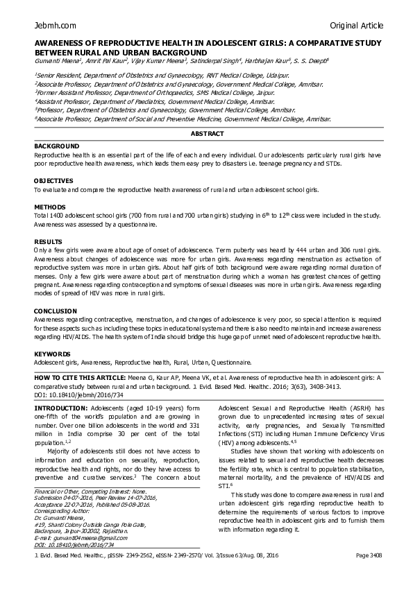 (PDF) Awareness of Reproductive Health in Adolescent Girls: A ...