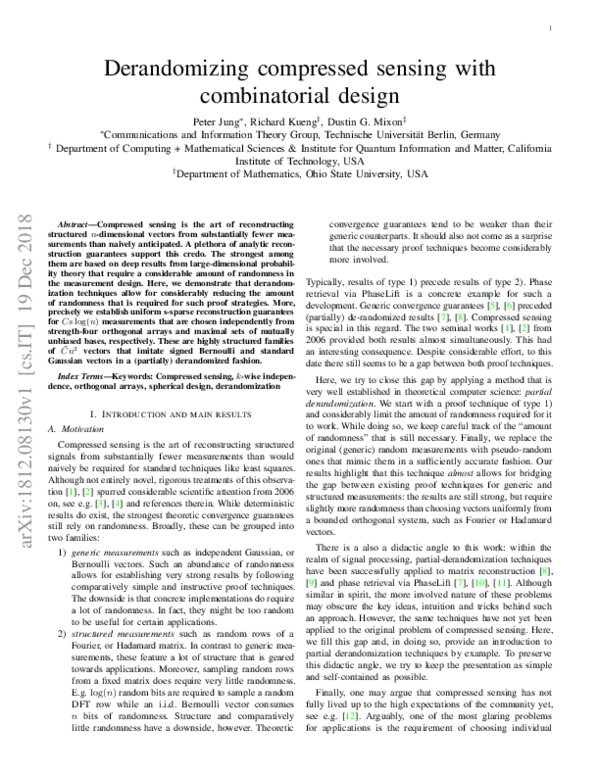 (PDF) Derandomizing Compressed Sensing With Combinatorial Design