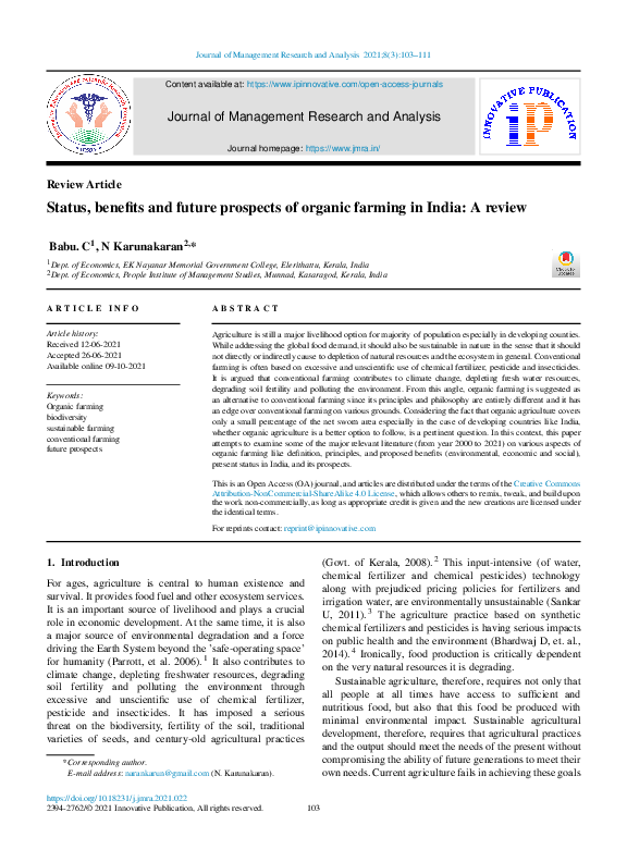 (PDF) Status, benefits and future prospects of organic farming in India ...