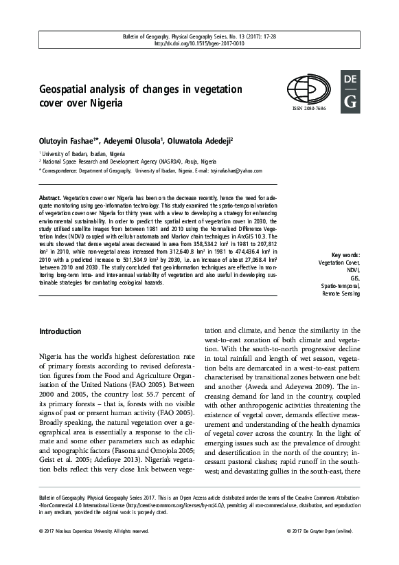 (PDF) Geospatial Analysis of Changes in Vegetation Cover over Nigeria