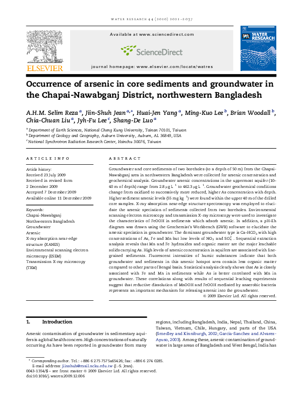 (PDF) Occurrence of arsenic in core sediments and groundwater in the ...
