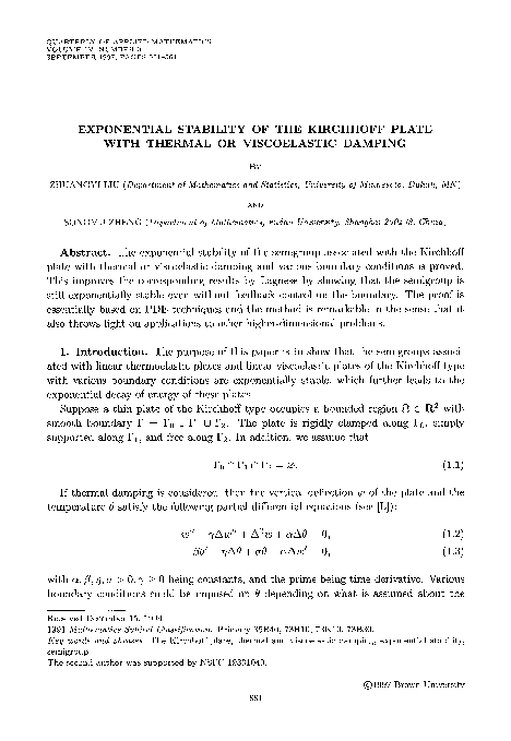 (PDF) Exponential stability of the Kirchhoff plate with thermal or ...
