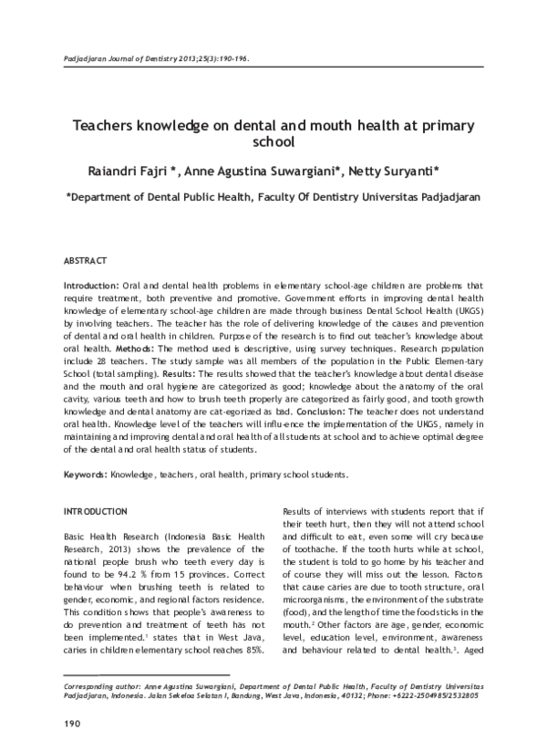 (PDF) Teachers knowledge on dental and mouth health at primary school