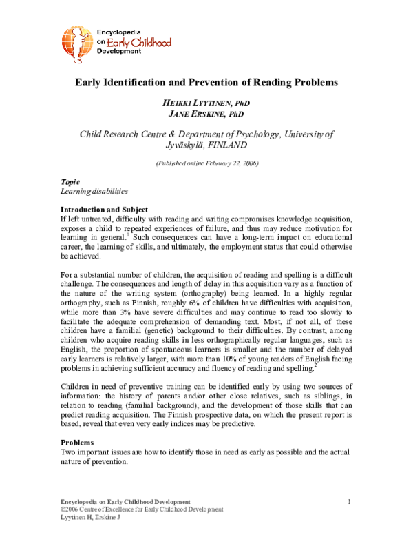 (PDF) Early identification and prevention of reading problems