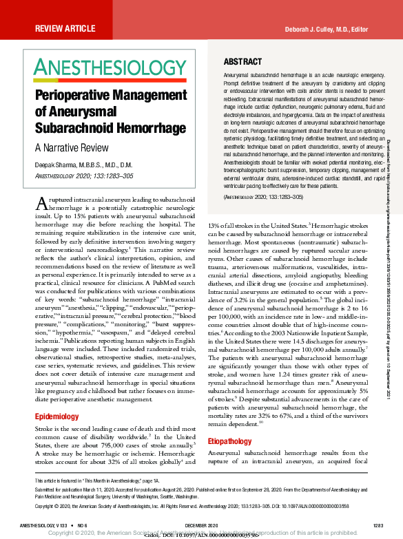(PDF) Perioperative Management of Aneurysmal Subarachnoid Hemorrhage