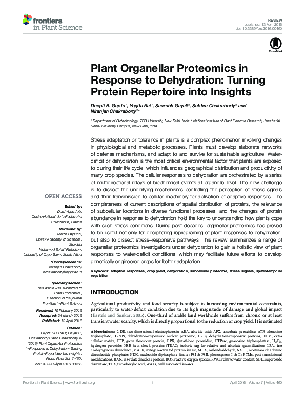 (PDF) Plant Organellar Proteomics in Response to Dehydration: Turning ...