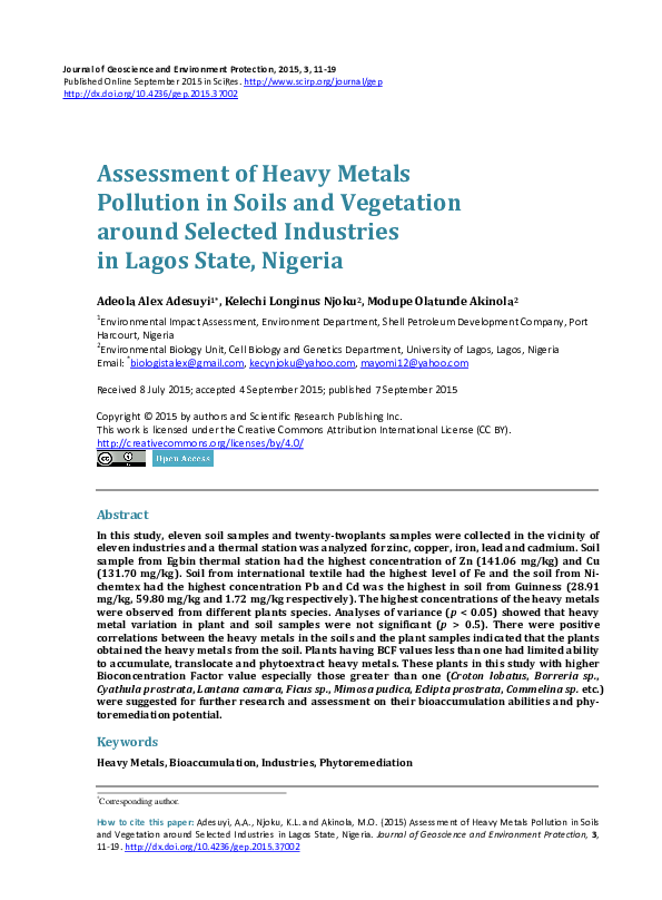 (PDF) Assessment of Heavy Metals Pollution in Soils and Vegetation ...