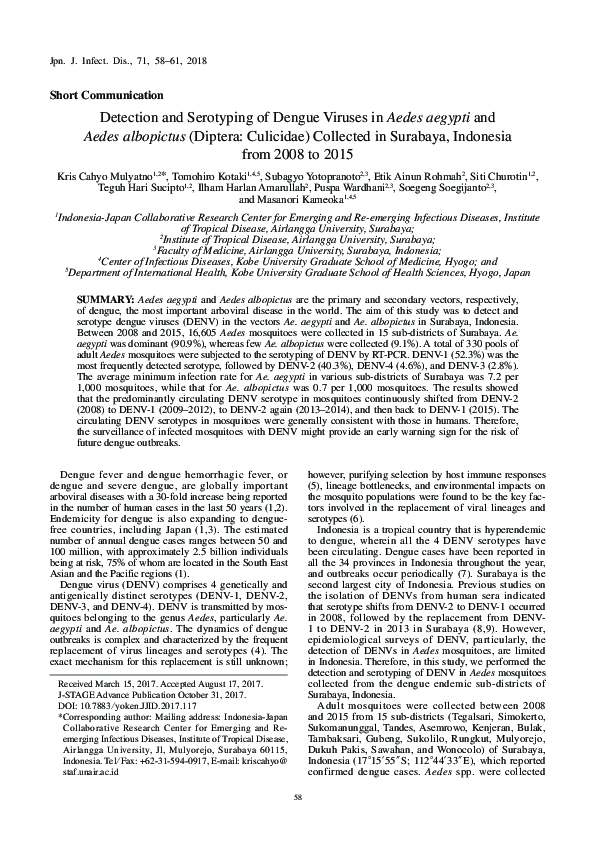 (PDF) Detection and serotyping of dengue viruses from Aedes aegypti and ...