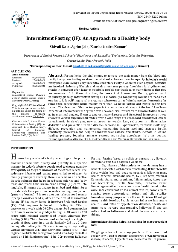 (PDF) Intermittent Fasting (IF): An Approach to a Healthy body