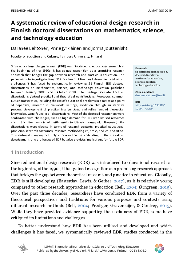 (PDF) A systematic review of educational design research in Finnish ...