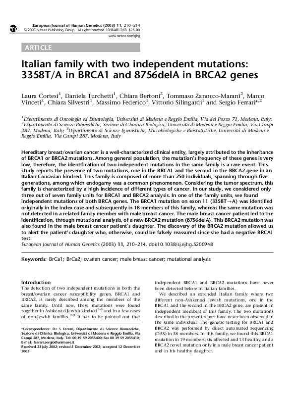 (PDF) Italian family with two independent mutations: 3358T/A in BRCA1 ...