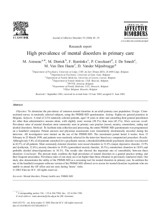 (PDF) High prevalence of mental disorders in primary care
