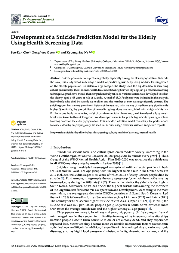 (PDF) Development of a Suicide Prediction Model for the Elderly Using ...