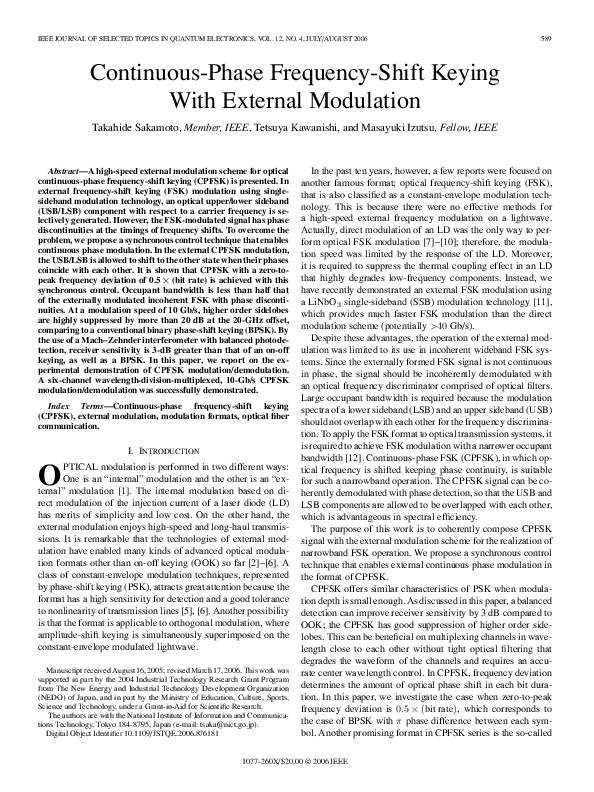 (PDF) Continuous-phase frequency-shift keying with external modulation