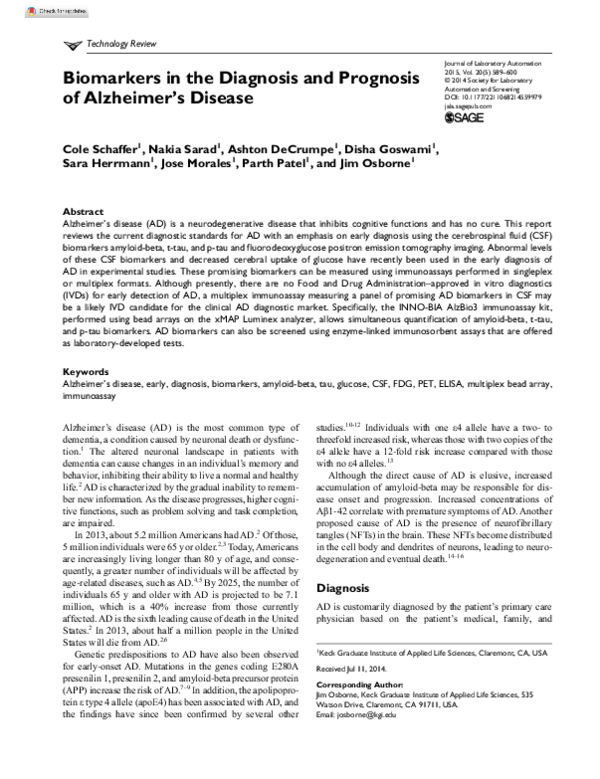 (PDF) Biomarkers in the Diagnosis and Prognosis of Alzheimer’s Disease