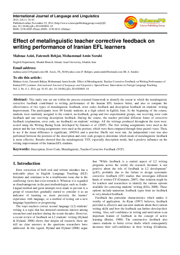 (PDF) Effect of Metalinguistic Teacher Corrective Feedback on Writing ...