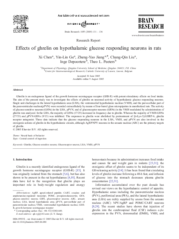 (PDF) Effects of ghrelin on hypothalamic glucose responding neurons in rats