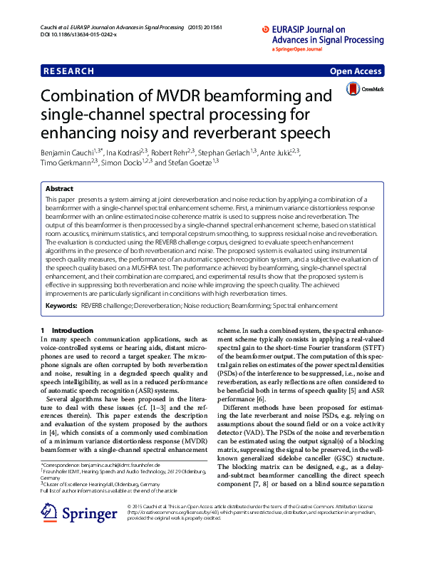 (PDF) Combination of MVDR beamforming and single-channel spectral ...