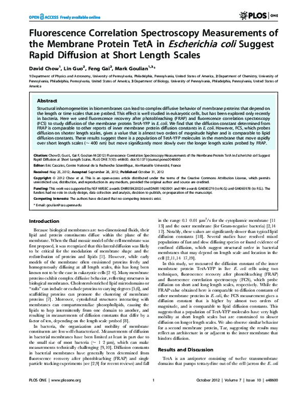 (PDF) Fluorescence Correlation Spectroscopy Measurements of the ...