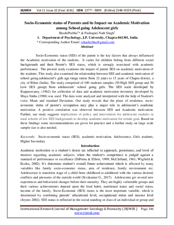 (PDF) Socio-Economic status of Parents and its Impact on Academic ...