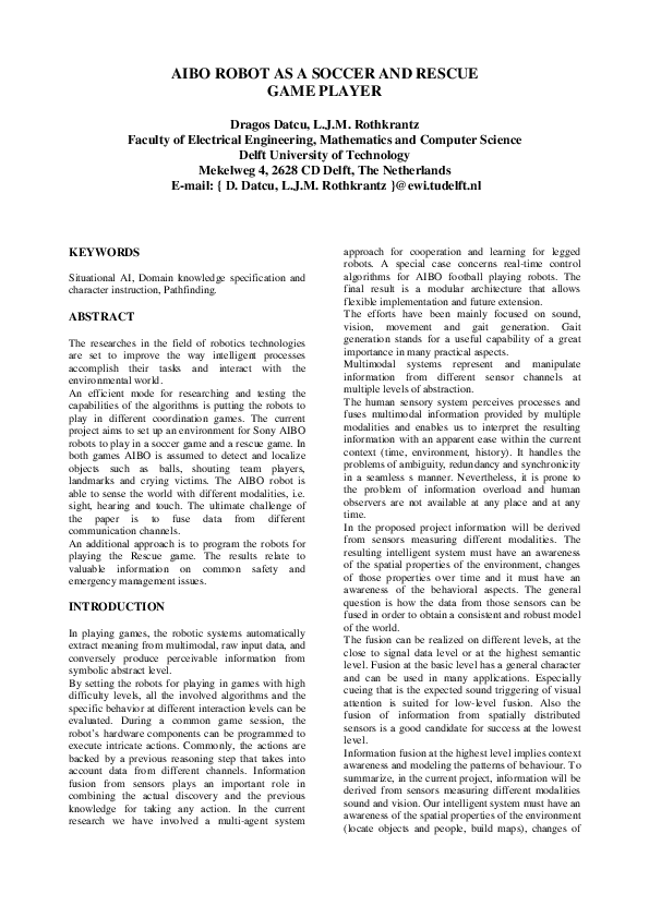 (PDF) AIBO Robot in Soccer and Rescue Games: Data Fusion Challenges