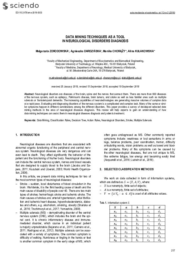 (PDF) Data Mining Techniques as a Tool in Neurological Disorders Diagnosis