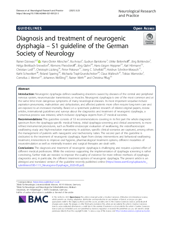 (PDF) Diagnosis and treatment of neurogenic dysphagia – S1 guideline of ...