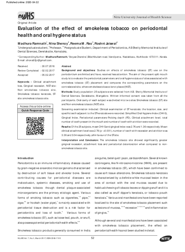 (PDF) Evaluation of the effect of smokeless tobacco on periodontal ...