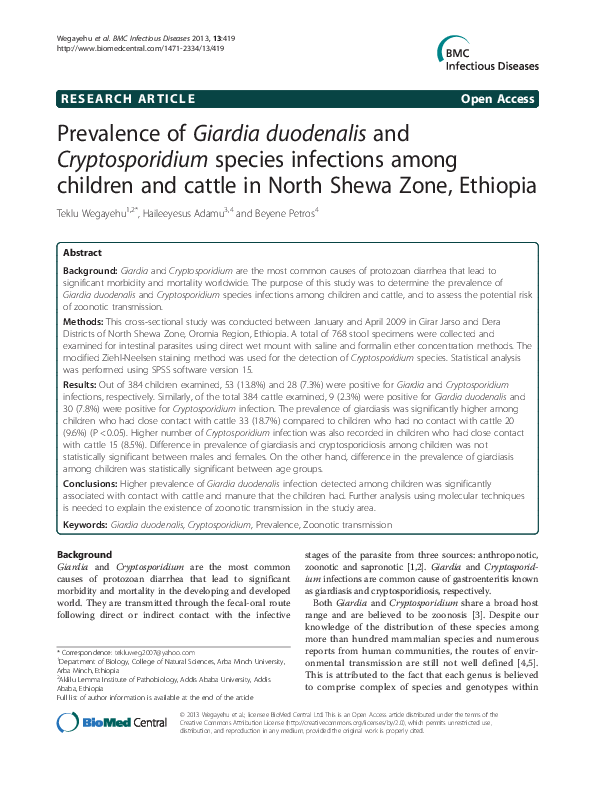 (PDF) Prevalence of Giardia duodenalis and Cryptosporidium species ...
