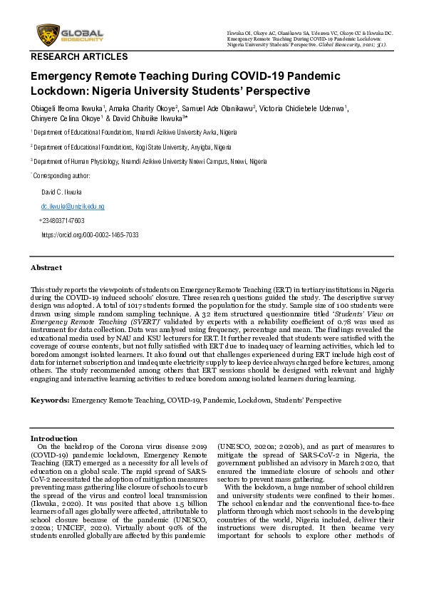 (PDF) Emergency Remote Teaching During COVID-19 Pandemic Lockdown ...