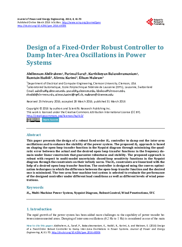 (PDF) Design of a Fixed-Order Robust Controller to Damp Inter-Area ...