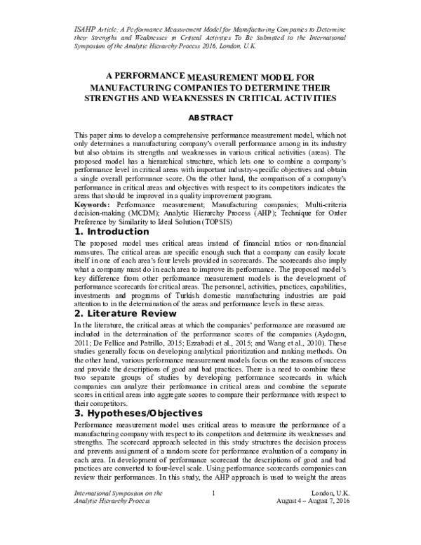 (PDF) A Performance Measurement Model for Manufacturing Companies to ...