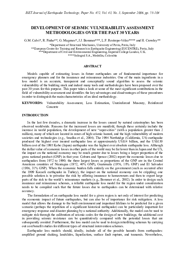 (PDF) Development of seismic vulnerability assessment methodologies ...
