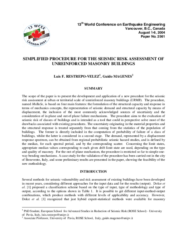 (PDF) Simplified procedure for the seismic risk assessment of ...