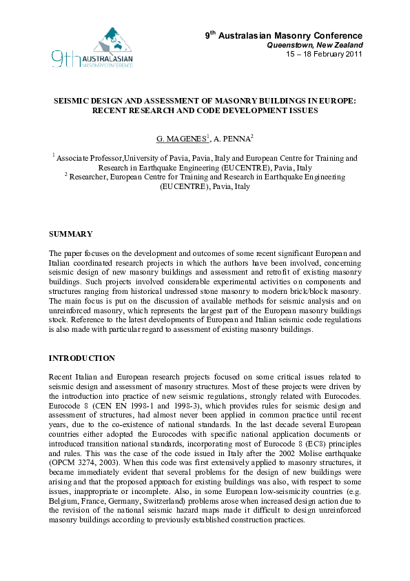 (PDF) Seismic design and assessment of masonry buildings in Europe ...