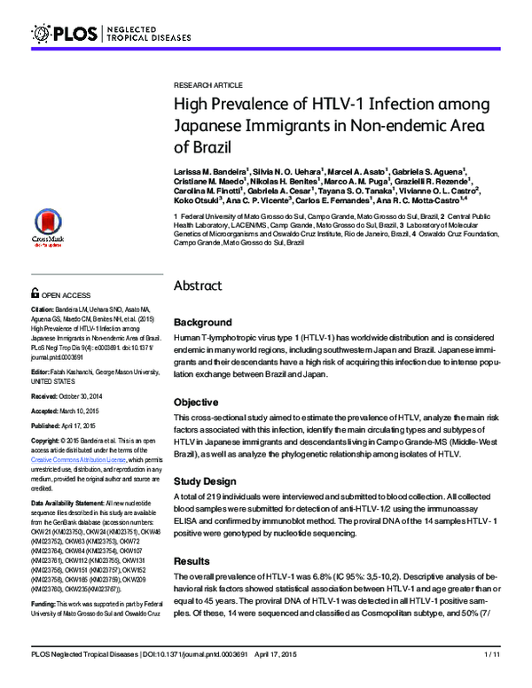 (PDF) High Prevalence of HTLV-1 Infection among Japanese Immigrants in ...