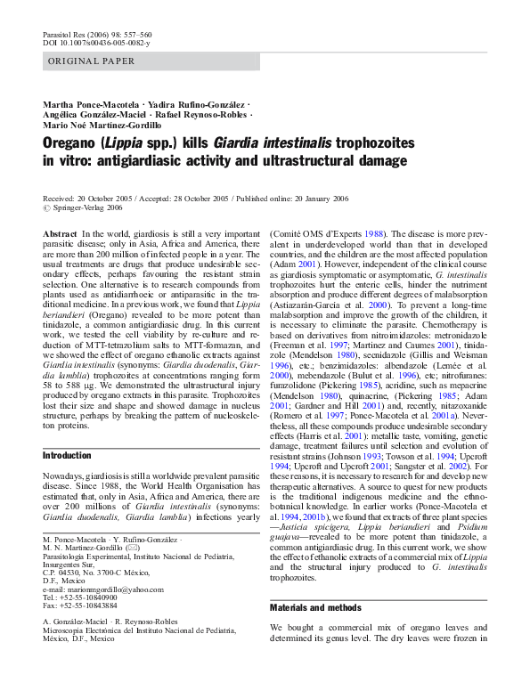 (PDF) Oregano (Lippia Spp.) Kills Giardia Intestinalis Trophozoites In