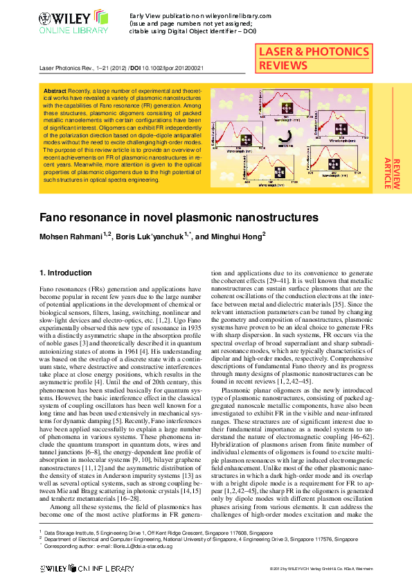(PDF) Fano resonance in novel plasmonic nanostructures