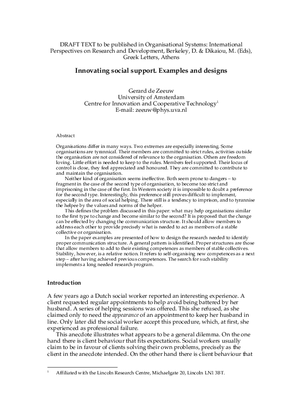 (PDF) Innovating social support. Examples and designs | Gerard de Zeeuw ...