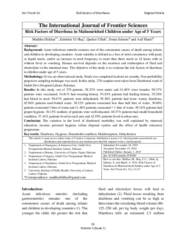 (PDF) Risk Factors of Diarrhoea in Malnourished Children under Age of 5 ...