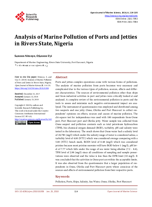 (PDF) Analysis of Marine Pollution of Ports and Jetties in Rivers State ...