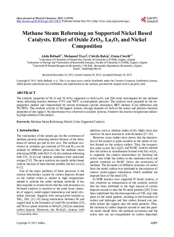 (PDF) Methane Steam Reforming on Supported Nickel Based Catalysts ...